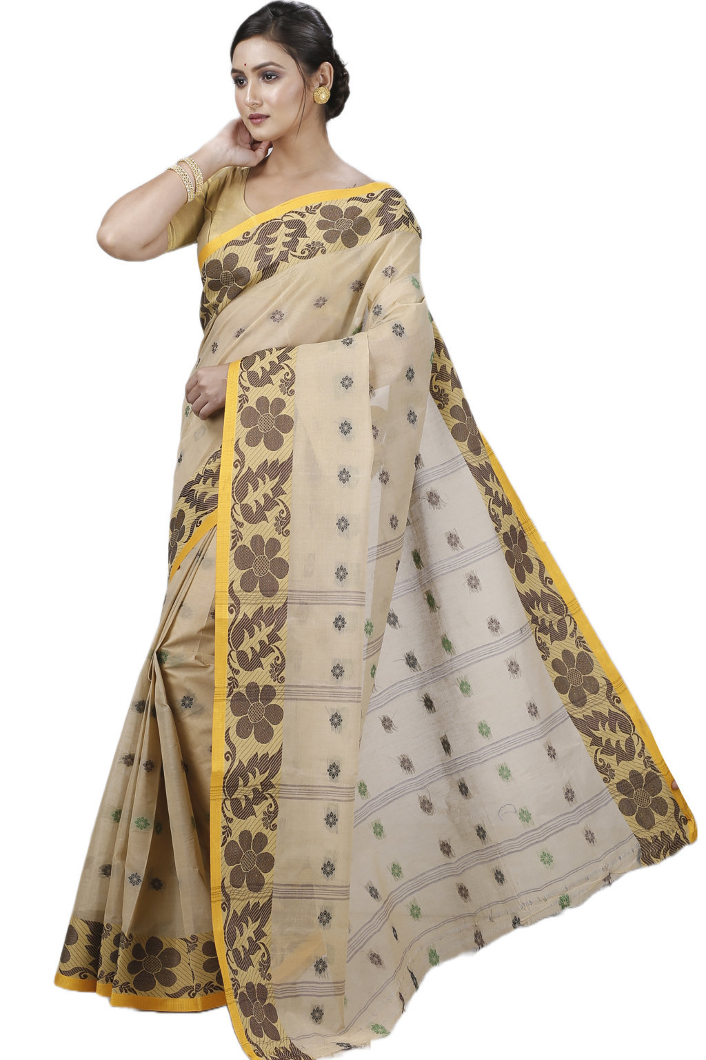 Brown Pure Cotton Ushi Tant Saree (1155)
